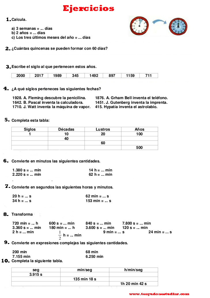 Ejercicios el tiempo las horas