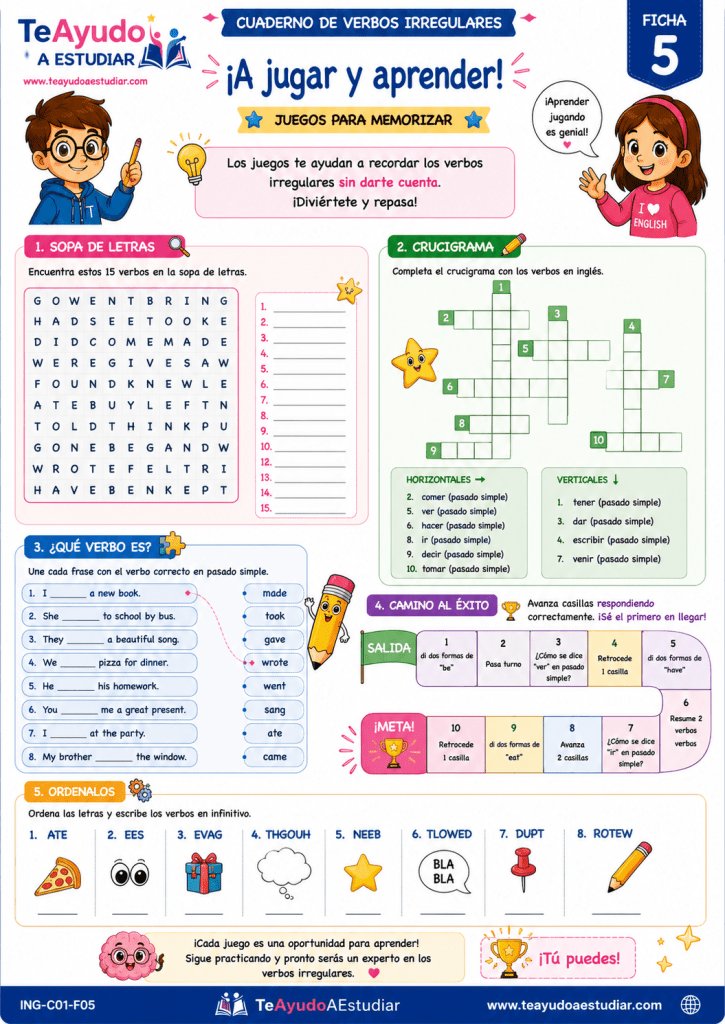 juegos de sopa de letras y actividades para aprender los verbos irregulares