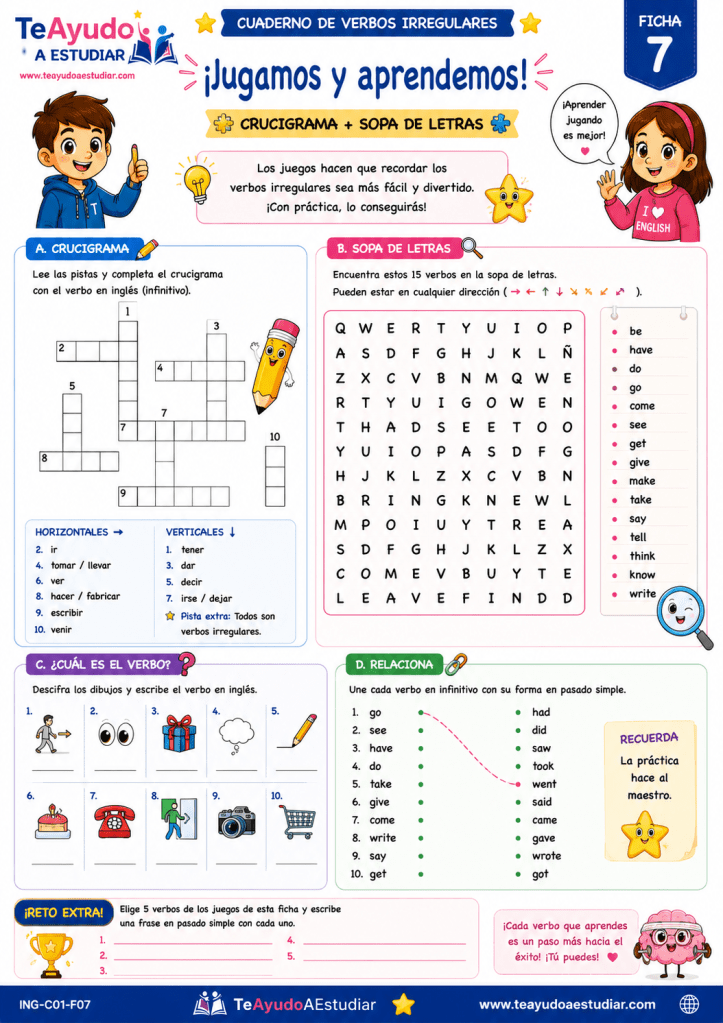 aprende los verbos irregulares con juegos. Crucigramas y sopa de letras