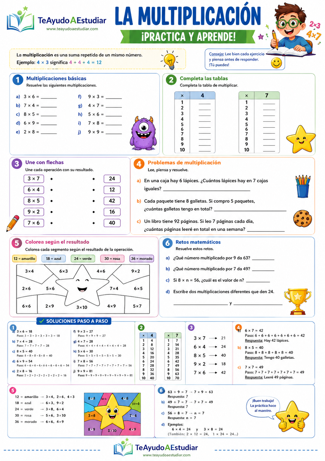 Ficha de ejercicios de multiplicación para 3.º y 4º de Primaria